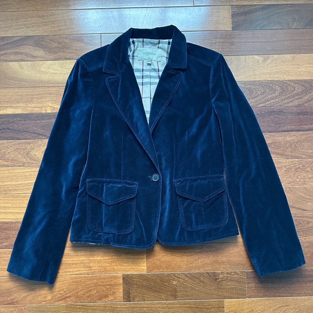 Burberry London Velvet Blazer Jacket Navy Blue UK 10 US 8 Made In Italy Women
